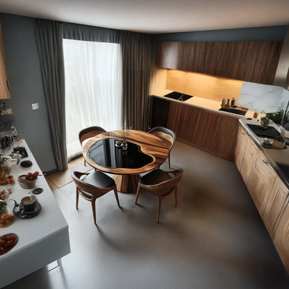 Handcrafted round wooden kitchen table with sculpted pedestal base, presented as a thoughtful housewarming décor piece-1