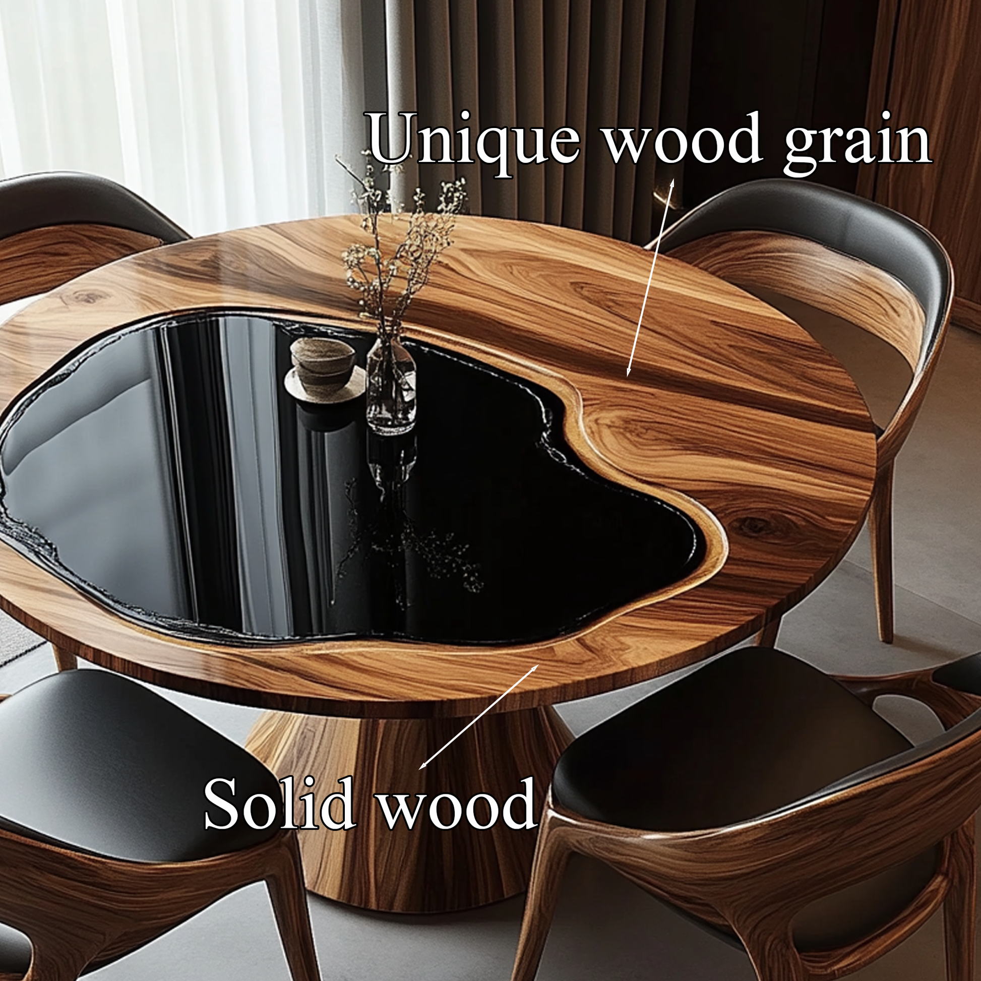 Handcrafted round wooden kitchen table with sculpted pedestal base, presented as a thoughtful housewarming décor piece-2