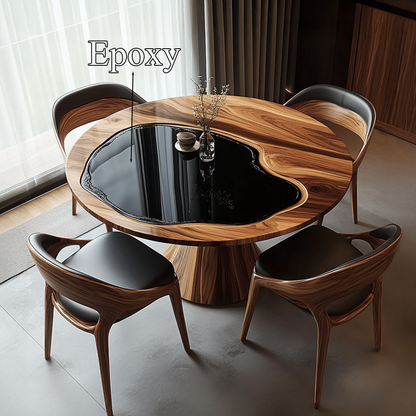 Handcrafted round wooden kitchen table with sculpted pedestal base, presented as a thoughtful housewarming décor piece-3