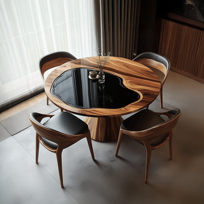 Handcrafted round wooden kitchen table with sculpted pedestal base, presented as a thoughtful housewarming décor piece