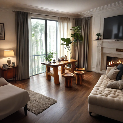 Handcrafted round tea table set featuring a rustic wood finish and minimalist design, perfect for enhancing living room decor-2