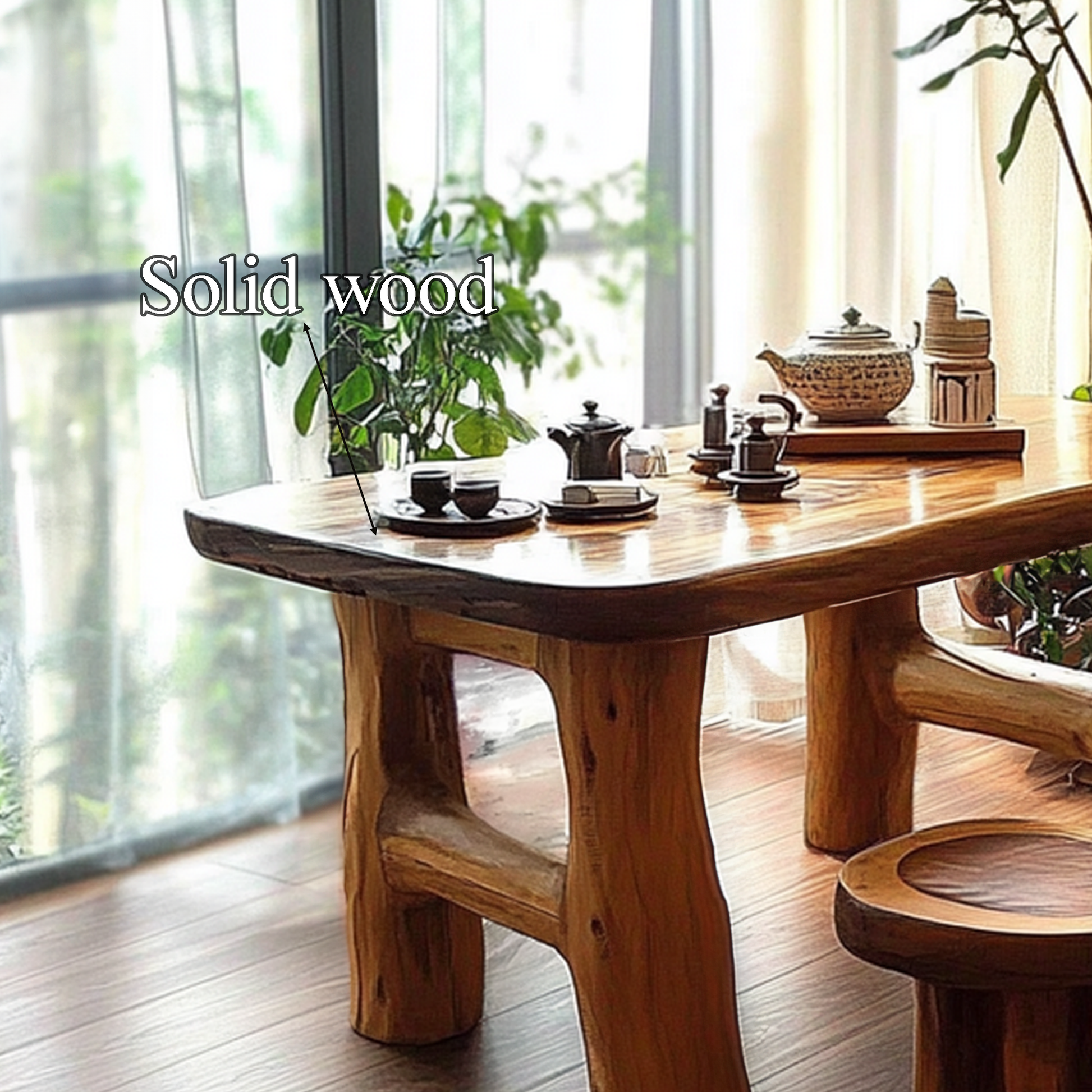 Handcrafted round tea table set featuring a rustic wood finish and minimalist design, perfect for enhancing living room deco-3