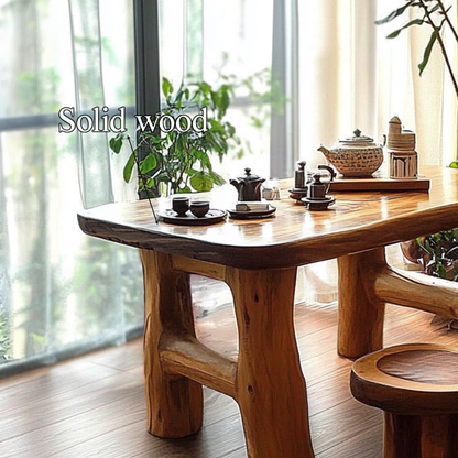 Handcrafted round tea table set featuring a rustic wood finish and minimalist design, perfect for enhancing living room deco-3