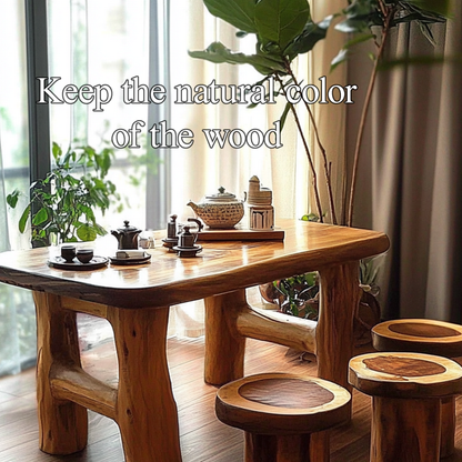Handcrafted round tea table set featuring a rustic wood finish and minimalist design, perfect for enhancing living room decor-4