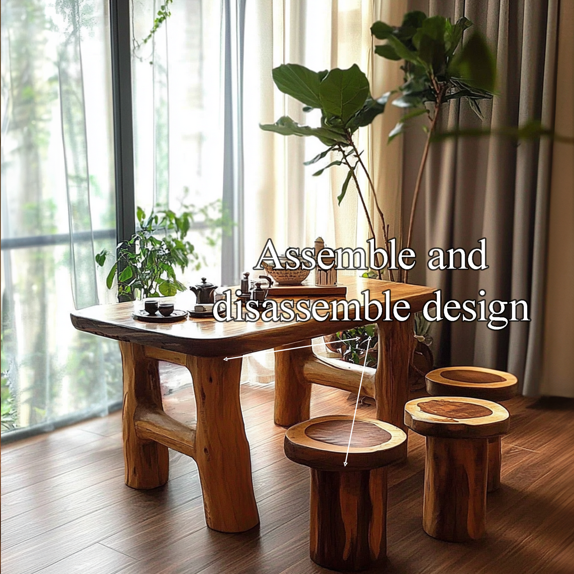 Handcrafted round tea table set featuring a rustic wood finish and minimalist design, perfect for enhancing living room decor-5