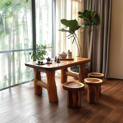 Handcrafted round tea table set featuring a rustic wood finish and minimalist design, perfect for enhancing living room decor