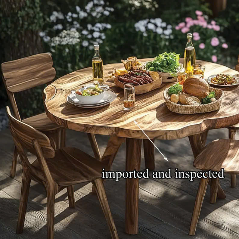 Rustic round wooden dining table set outdoors, styled as a charming yard-centered gift with natural accents-1