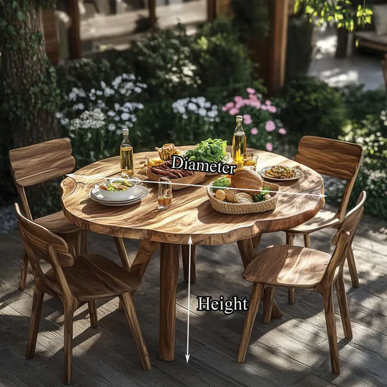 Rustic round wooden dining table set outdoors, styled as a charming yard-centered gift with natural accent-2