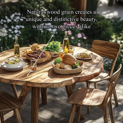 Rustic round wooden dining table set outdoors, styled as a charming yard-centered gift with natural accent-3