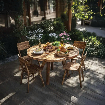 Rustic round wooden dining table set outdoors, styled as a charming yard-centered gift with natural accents